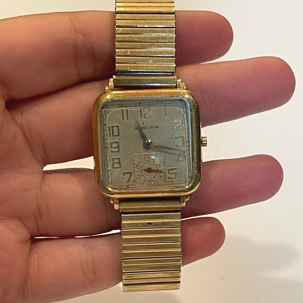 Vintage Hamilton Square Gold Tone Manual Wind Watch Speidel Expansion‎ Band